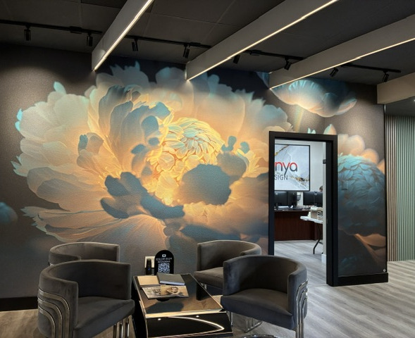 Backlit peony printed across a FlexMarble wall