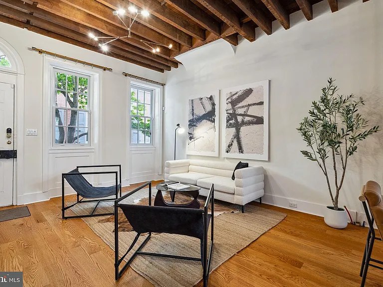 Living room under exposed beams